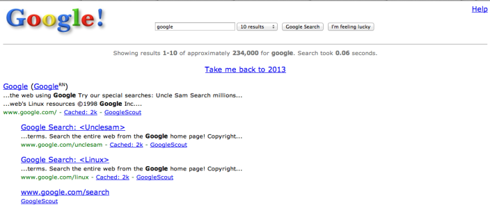 كيف كان يبدو محرك البحث "جوجل" عام 1998.