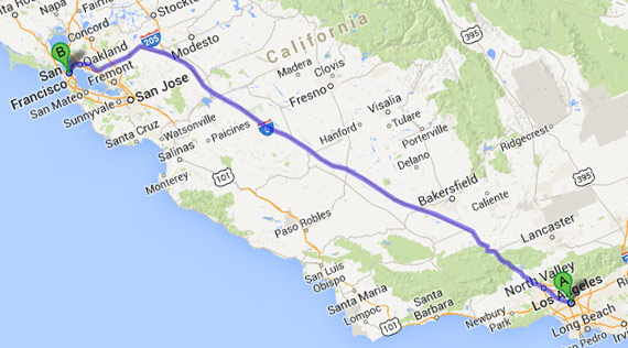 المسافة بين مدينتني سان فرانسيسكو ولوس أنجيليس تزيد عن 600 كلم